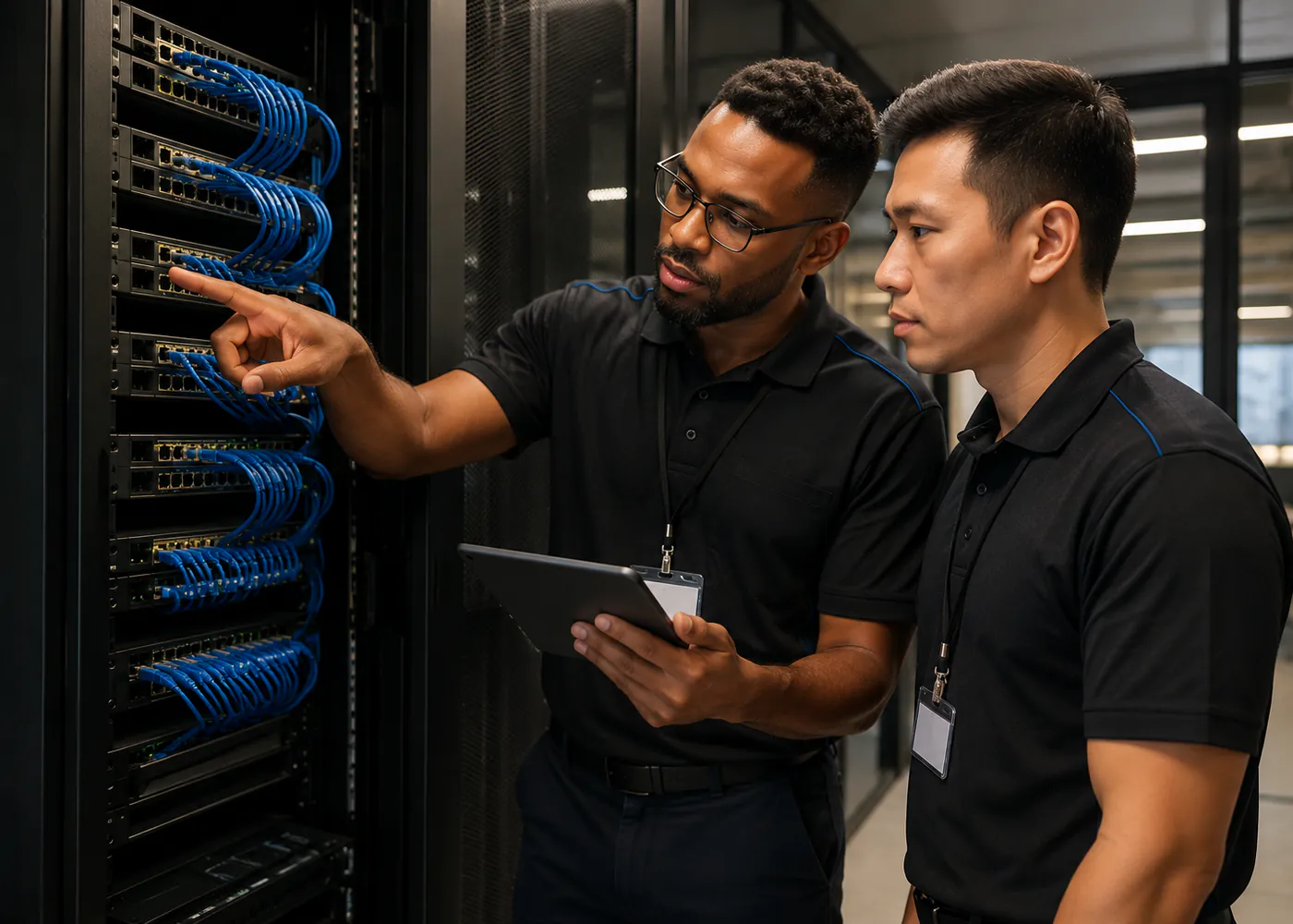 Chrome Tech engineers reviewing data center rack infrastructure