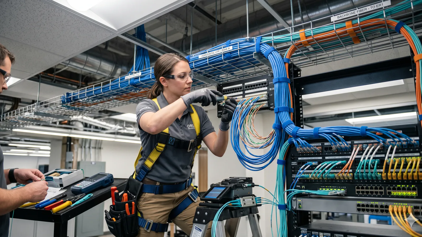 Chrome Tech technician installing structured cabling and fiber infrastructure